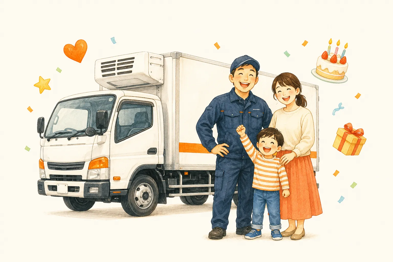 トラックの前で笑顔を見せる社員とその家族のイラスト