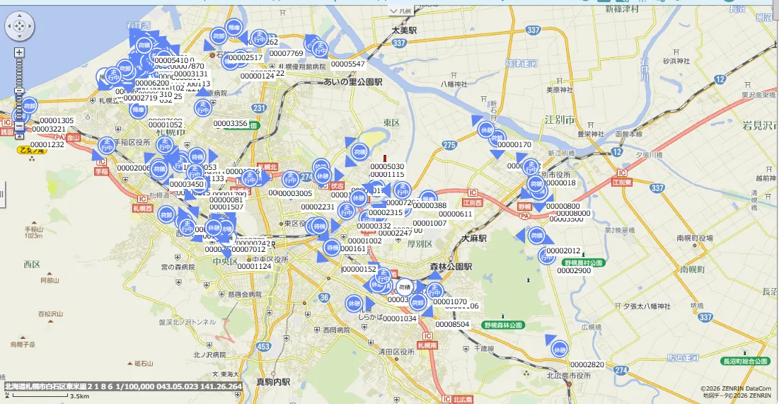 トラストシステム車両の1日の走行範囲を示す地図